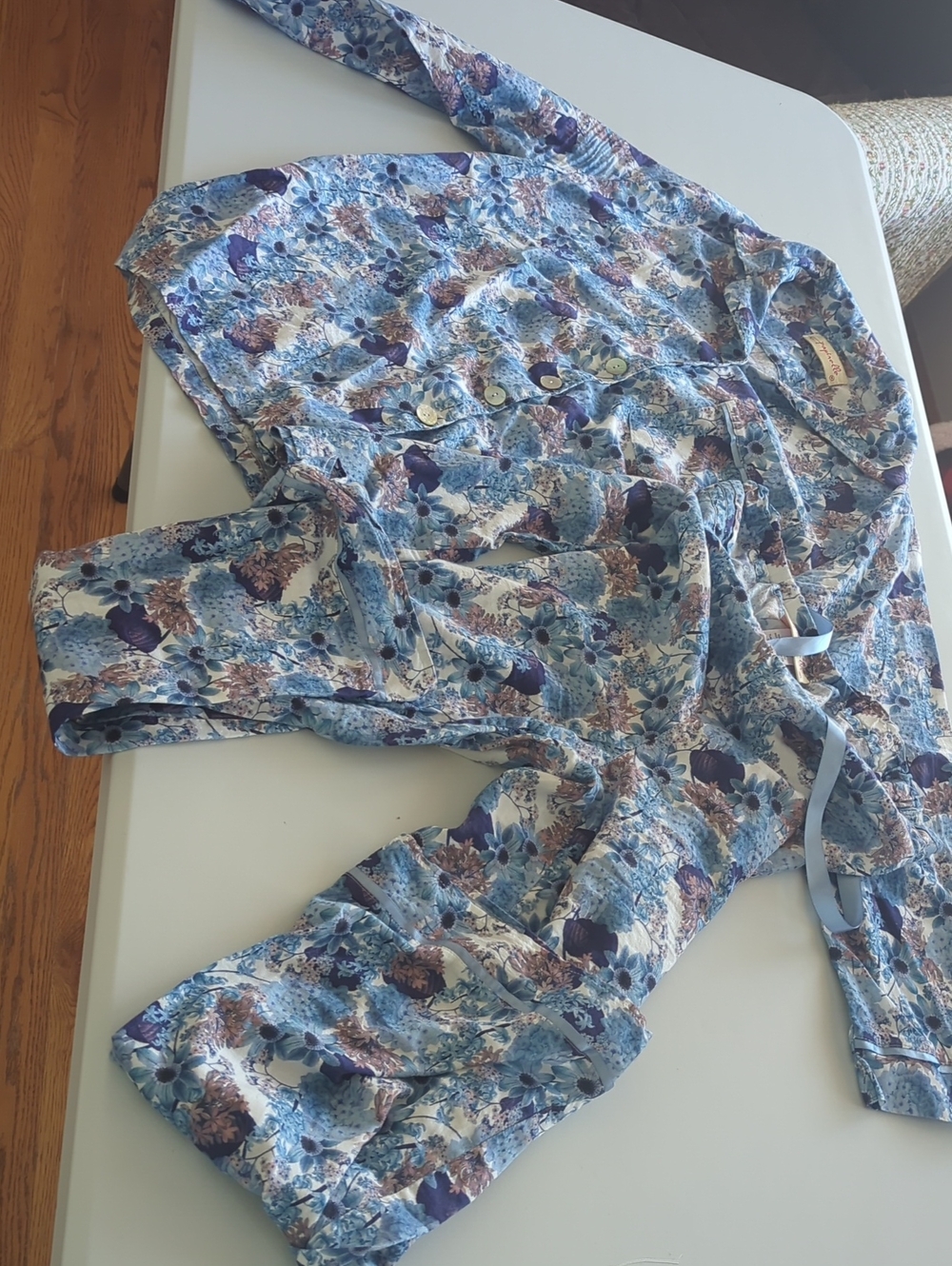 Blue Floral Long-Sleeve Women's PJs with Tie Waist